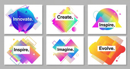 A set of six modern, colorful gradient posters with abstract designs and text elements. Each design incorporates minimalist typography and geometric