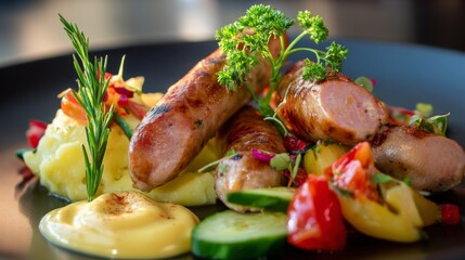 Delicious Grilled Sausages with Fresh Vegetables and Creamy Mashed Potatoes Artfully Presented on a Stylish Black Plate
