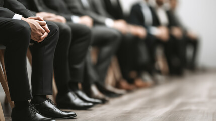 Line of Anticipation: A row of formally dressed figures, poised in anticipation, hints at a professional setting. The focus is on the details of their attire and posture.