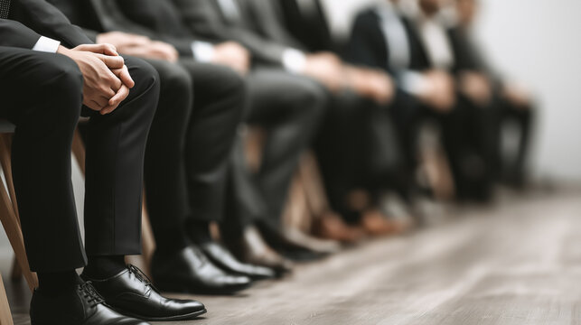 Line of Anticipation: A row of formally dressed figures, poised in anticipation, hints at a professional setting. The focus is on the details of their attire and posture.