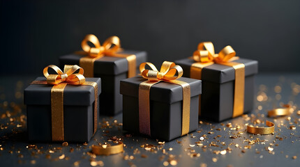 Stylish arrangement of gold Ribboned gift boxes on a matte dark background, scattered glitter and confetti, dramatic lighting, high end commercial look, festive and premium