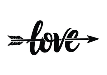 Black calligraphy script of the word love pierced by an arrow