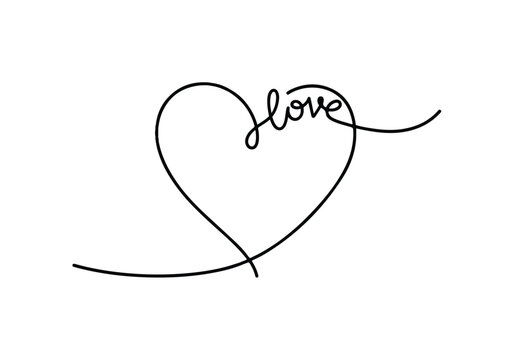Minimalist continuous line drawing forming a heart shape with the word love written inside