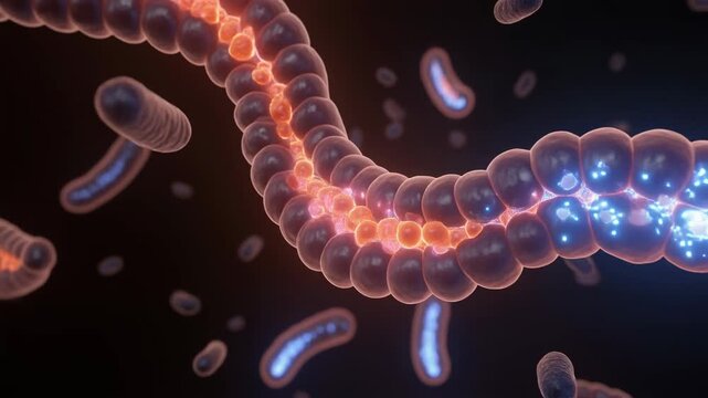 Microscopic animation of gut bacteria releasing neuropeptides in 3D