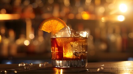 Ultra Realistic Whiskey Cocktail with Orange Slice – Crystal Glass, Bar Bokeh Background, Golden Hour Lighting