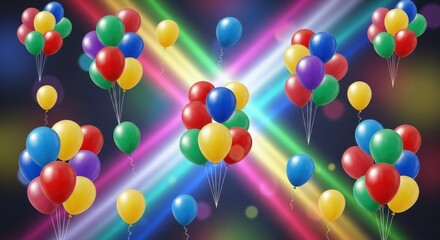 Celebratory atmosphere with colorful balloons against a backdrop of vibrant neon light streaks