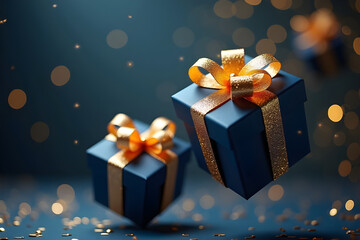 Floating gift boxes with gold ribbons in mid air, soft depth of field, sparkling particles, dark navy blue background, magical festive atmosphere, 3D realism, cinematic Christmas lighting.