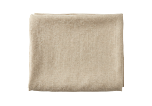 Light beige natural linen fabric, folded rectangularly, distinct weave texture, subtle creases, isolated on a transparent background with copy space Concept of natural elegance and purity - Powered by Adobe