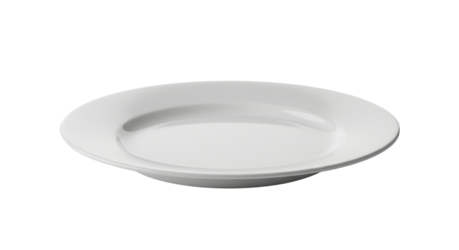 A single, pristine, empty round white ceramic plate with a glossy finish, isolated on a transparent studio background with a subtle drop shadow and copy space, concept of purity and culinary
