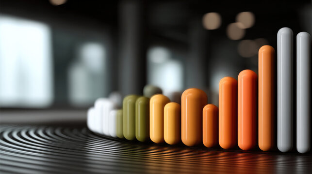 Colorful 3D bar chart with rounded columns in modern office, abstract financial growth and business success concept