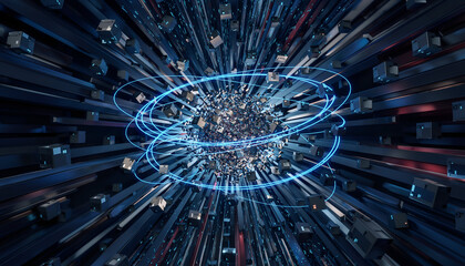 Data Fragments Escaping a Shattered Central System Abstract Decentralization Concept