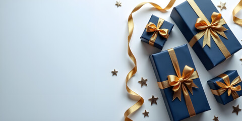 Neatly arranged navy gift boxes tied with gold bows, small metallic stars, clean background with empty copy space, Christmas aesthetic, high quality sharp edges