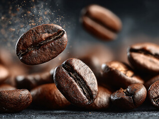 roasted coffee beans with a dynamic background showing coffee dust being scattered around a central bean