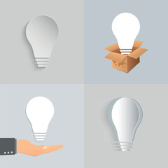 A collection of paper-cut light bulbs. A set of light bulbs for a business idea, brainstorming session