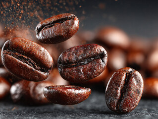 roasted coffee beans with a dynamic background showing coffee dust being scattered around a central bean
