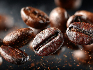 roasted coffee beans with a dynamic background showing coffee dust being scattered around a central bean