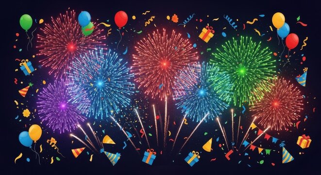 Spectacular celebration background with vibrant fireworks and festive elements design - Powered by Adobe