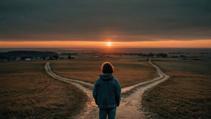 A person waiting at crossroads on a path in country at sunset, to make a choice, take a life decision, new beginning