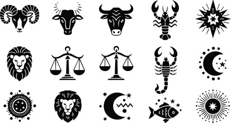 Naklejka premium Zodiac signs collection of vector icons including lion, scales, moon, fish, and sun in black style 