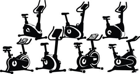 Exercise bikes vector set showing different models and angles for fitness workouts and indoor cycling designs