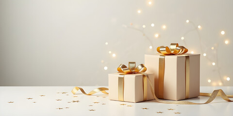 Modern Christmas themed gift boxes wrapped with metallic gold ribbons, decorative stars, clean gradient background, professional lighting, ultra realistic details, luxurious festive concept.