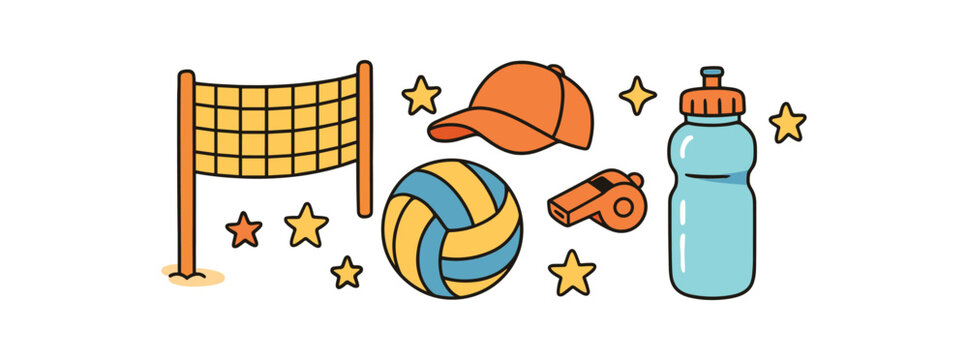 Cozy summer flat vector illustration collection of cute seasonal icons beach volleyball: net ball cap whistle icon water bottle stars arranged horizontal composition handdrawn outlines