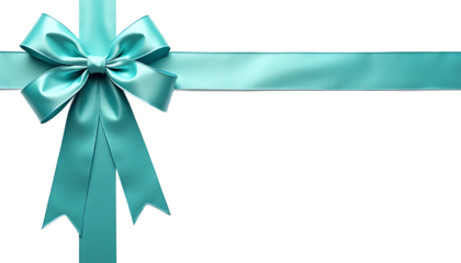 Teal ribbon bow with tails on white background and copy space isolated on a transparent background