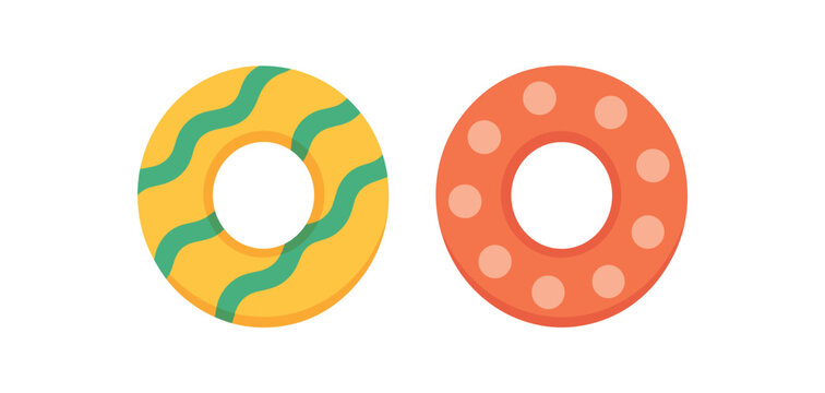 Flat vector illustration 2 pool float rings with minimal patterns rounded shapes colorful palette