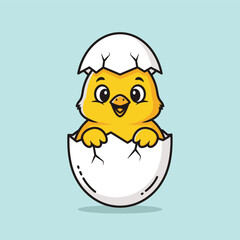 A cute yellow cartoon baby chick happily hatching from a cracked white eggshell.