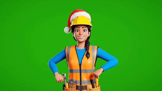 Christmas Construction Worker Cartoon Character - A cartoon female construction worker wearing a safety vest, hard hat with a Santa hat on top, and a tool belt is seen against a green screen. - Powered by Adobe