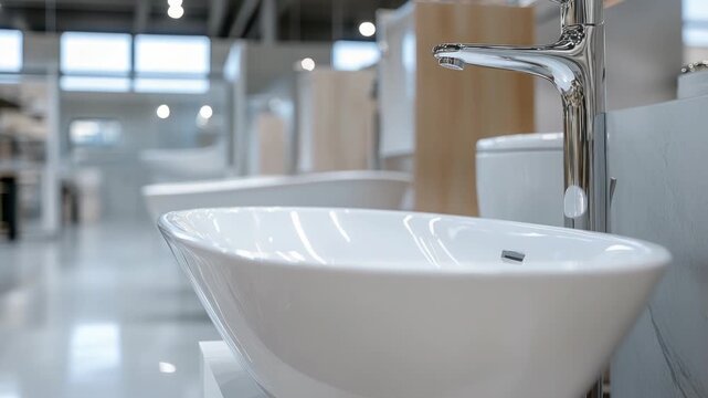 Display of modern sinks and faucets in hardware store or construction hypermarket, clean retail environment