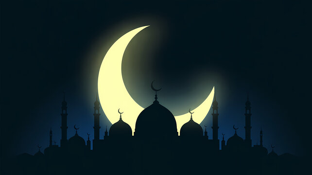 glowing crescent moon behind mosque silhouette for ramadan - Powered by Adobe