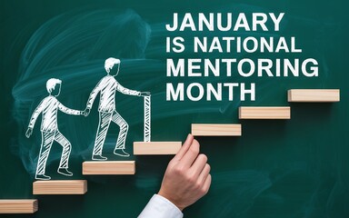 National Mentoring Month Graphic with Hand Building Wooden Steps for People Drawing Symbolizing Professional Career Growth