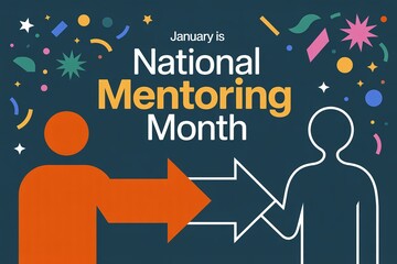 National Mentoring Month Graphic with Icon Illustrating Knowledge Transfer and Confetti on Dark Background for Professional Development Content