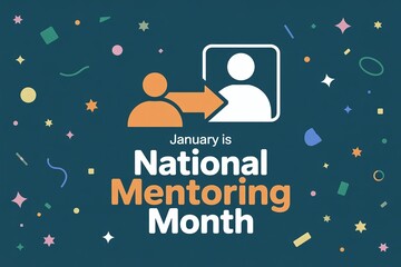 National Mentoring Month Graphic with Icon Illustrating Knowledge Transfer and Confetti on Dark Background for Professional Development Content