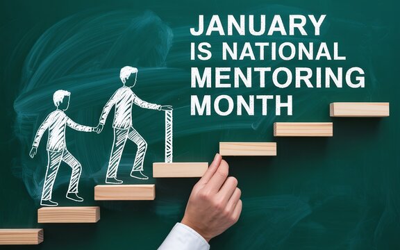 National Mentoring Month Graphic with Hand Building Wooden Steps for People Drawing Symbolizing Professional Career Growth