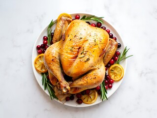 Roasted turkey garnished with cranberries and rosemary sprigs