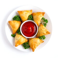 Samosas with tomato sauce isolated on white background