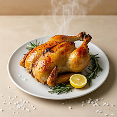 Delicious roasted chicken with rosemary and lemon on plate