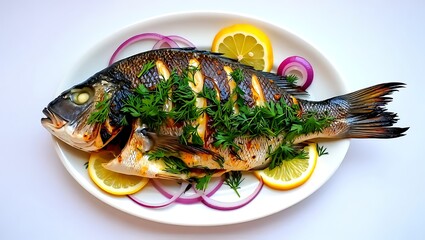 Grilled dorado fish with lemon and onion isolated on white background