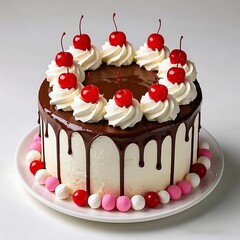 Delicious Black Forest cake layered with chocolate, topped with whipped cream swirls and cherries, isolated cleanly on a white background.