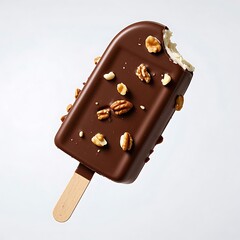 Chocolate covered ice cream bar with nuts isolated on white background