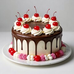 Delicious chocolate cake with cherries isolated on white background