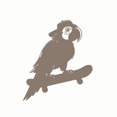 A cool parrot wearing a baseball cap and standing on a skateboard, depicted as a monochrome graphic illustration.