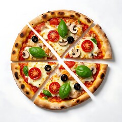 Delicious pizza with basil, tomato, and mushroom isolated on white background