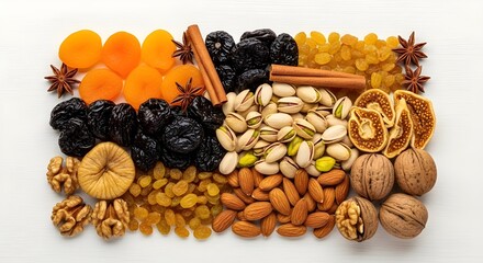 Obraz premium mixed dry fruits, dry fruit bowl, nuts and fruits, apricot, black raisins, prunes, almonds, walnuts, cinnamon sticks, dried snacks, healthy snacks, organic dry fruits, natural food, dried fruit mix, f