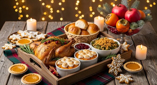 Abundant thanksgiving feast with roasted turkey and festive decorations