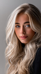 Fototapeta premium Beautiful woman with long wavy blonde hair, blue eyes, soft makeup, and black top, posing in studio with gentle smile