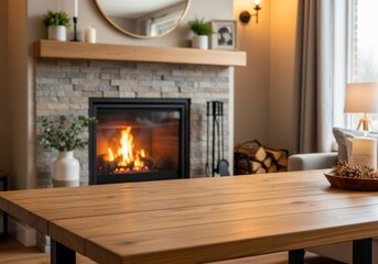 Cozy living room featuring a warm fireplace, a wooden table, and comfortable seating, creating an inviting and relaxing atmosphere for gatherings