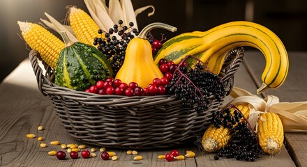 Autumn harvest basket filled with gourds and corn